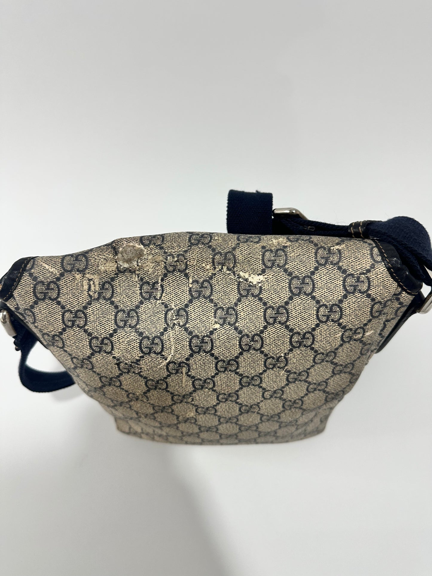 GUCCI
GG Plus Monogram Sellieria Calfskin Small Flap Messenger Bag Beige Blue