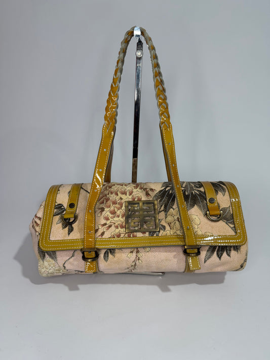Givenchy Floral Canvas & Mustard Patent Leather Shoulder Bag with Braided Handles