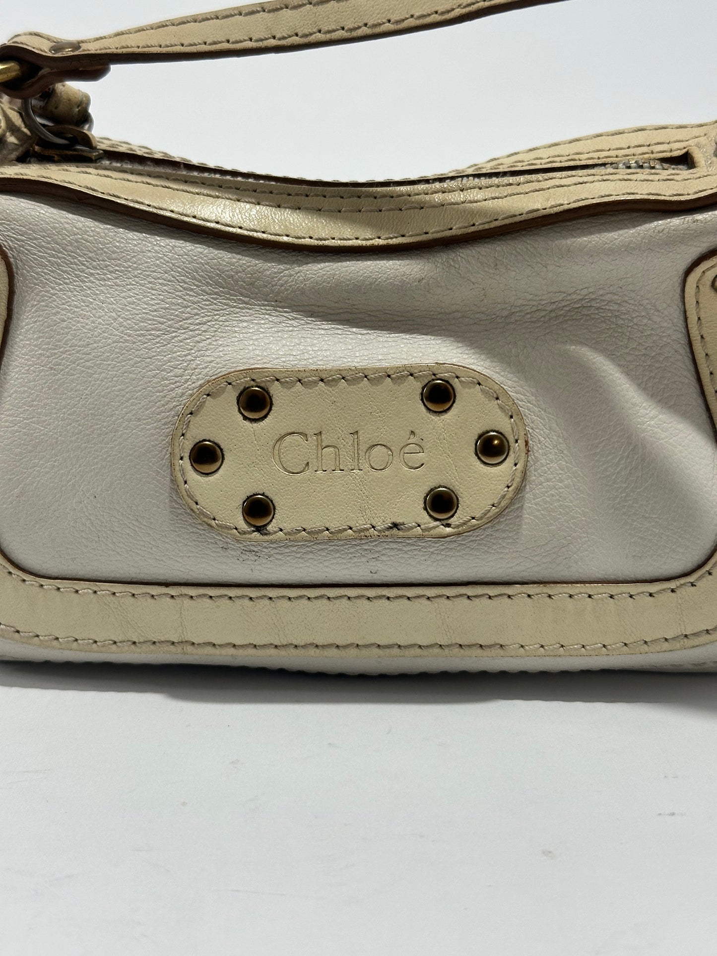 Chloe White/Cream Leather Logo Charm Shoulder Bag