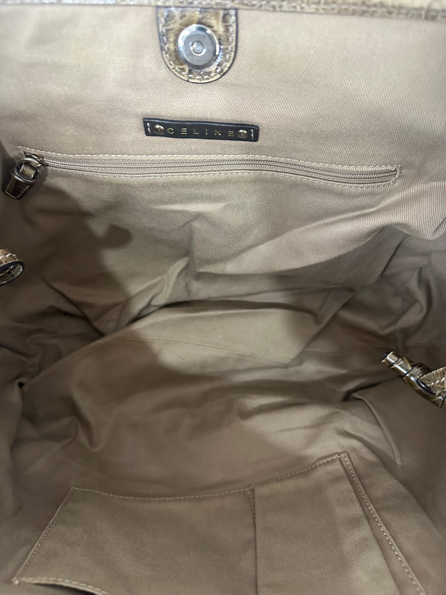 CELINE Beige/Brown Macadam Canvas And Croc Embossed Tote