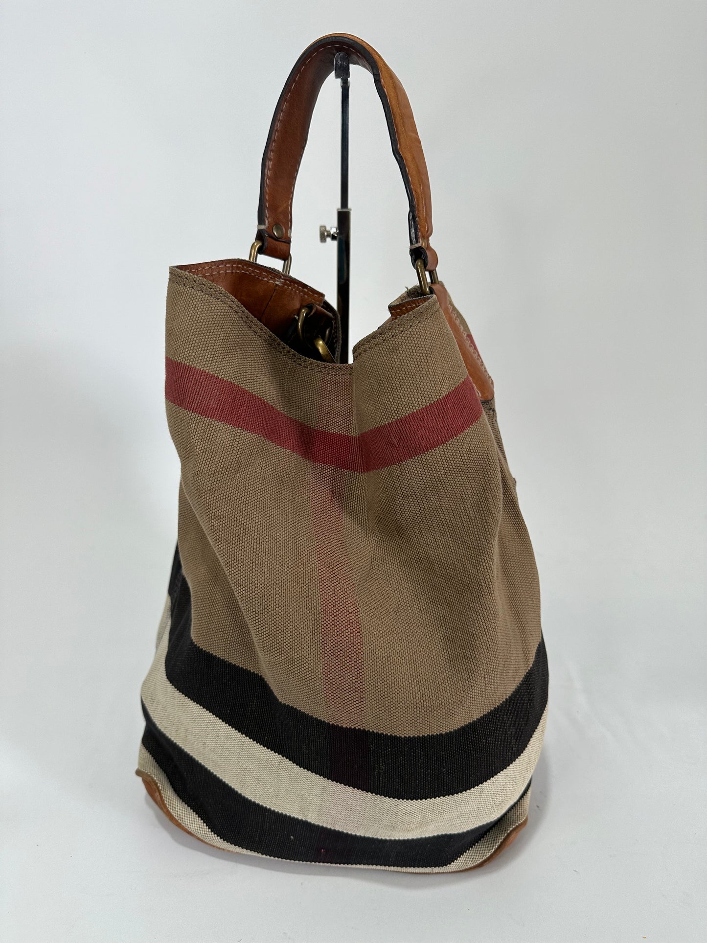 BURBERRY Canvas Mega Check Medium Ashby Hobo Saddle