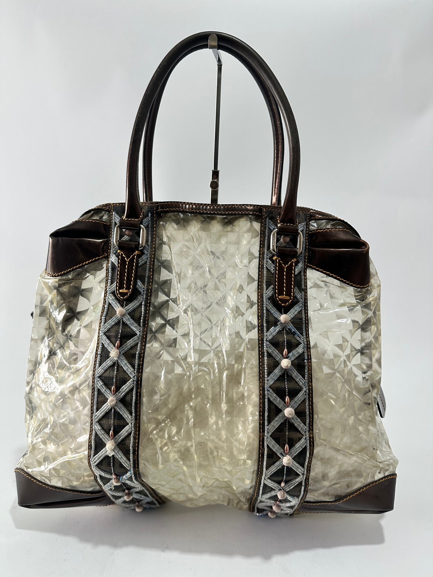 FENDI
PVC Patent Zucca Spalmati Large Mixed Media B Mix Tote Multicolor Brown Tobacco