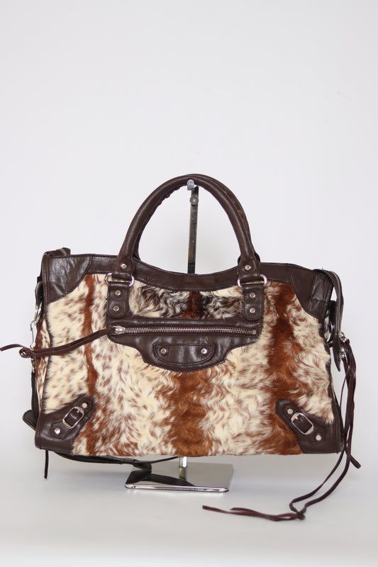 BALENCIAGA
Brown/White Pony Hair Motorcycle City Bag