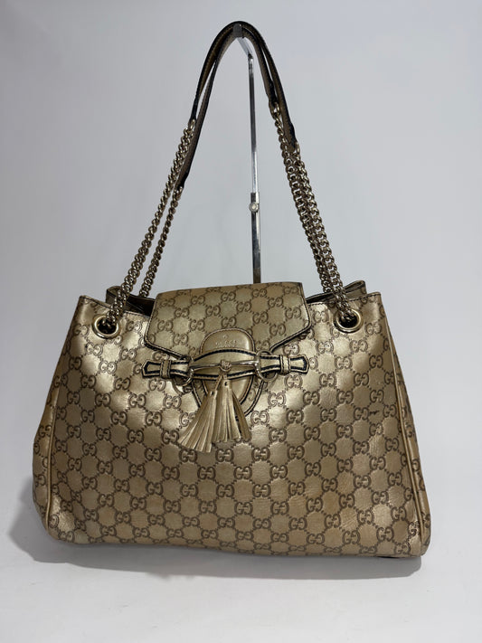 Gucci Beige Metallic Guccissima eather Large Emily Chain Shoulder Bag