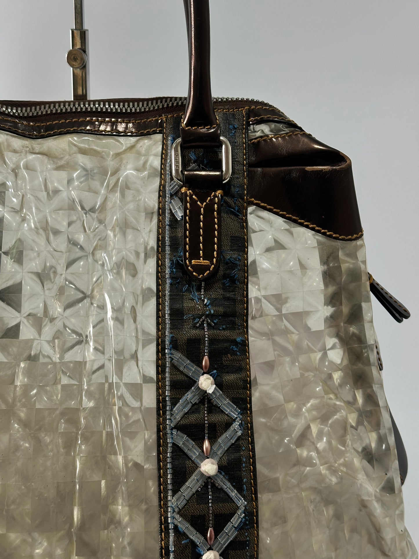 FENDI
PVC Patent Zucca Spalmati Large Mixed Media B Mix Tote Multicolor Brown Tobacco