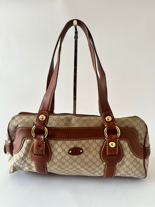 VINTAGE Céline Macadam Brown Leather and Canvas Shoulder Bag