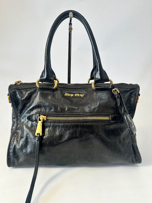Miu Miu Black Vitello Shine Leather Bauletto Satchel