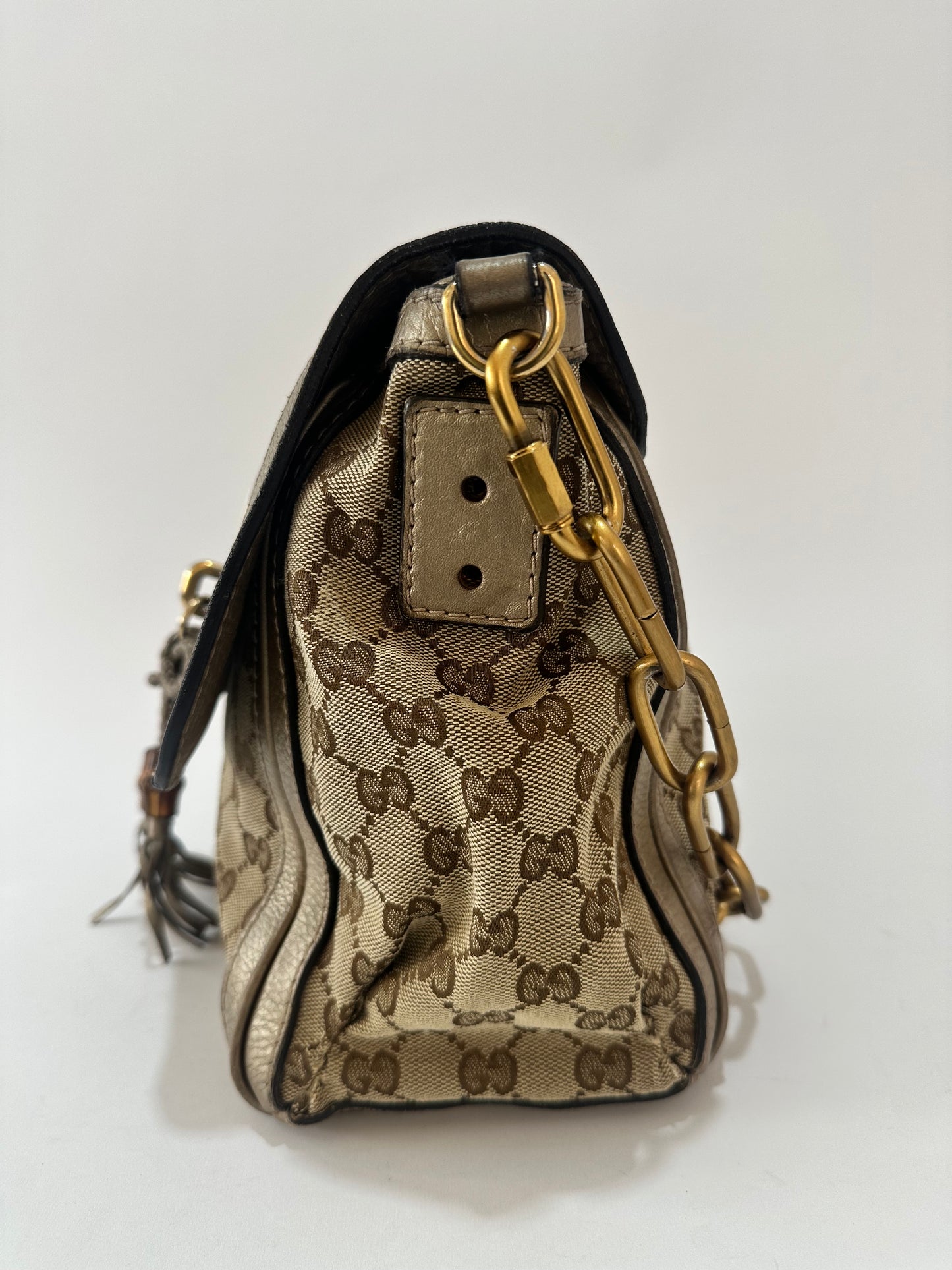Gucci Beige/Gold GG Canvas and Leather Bella Flap Bag