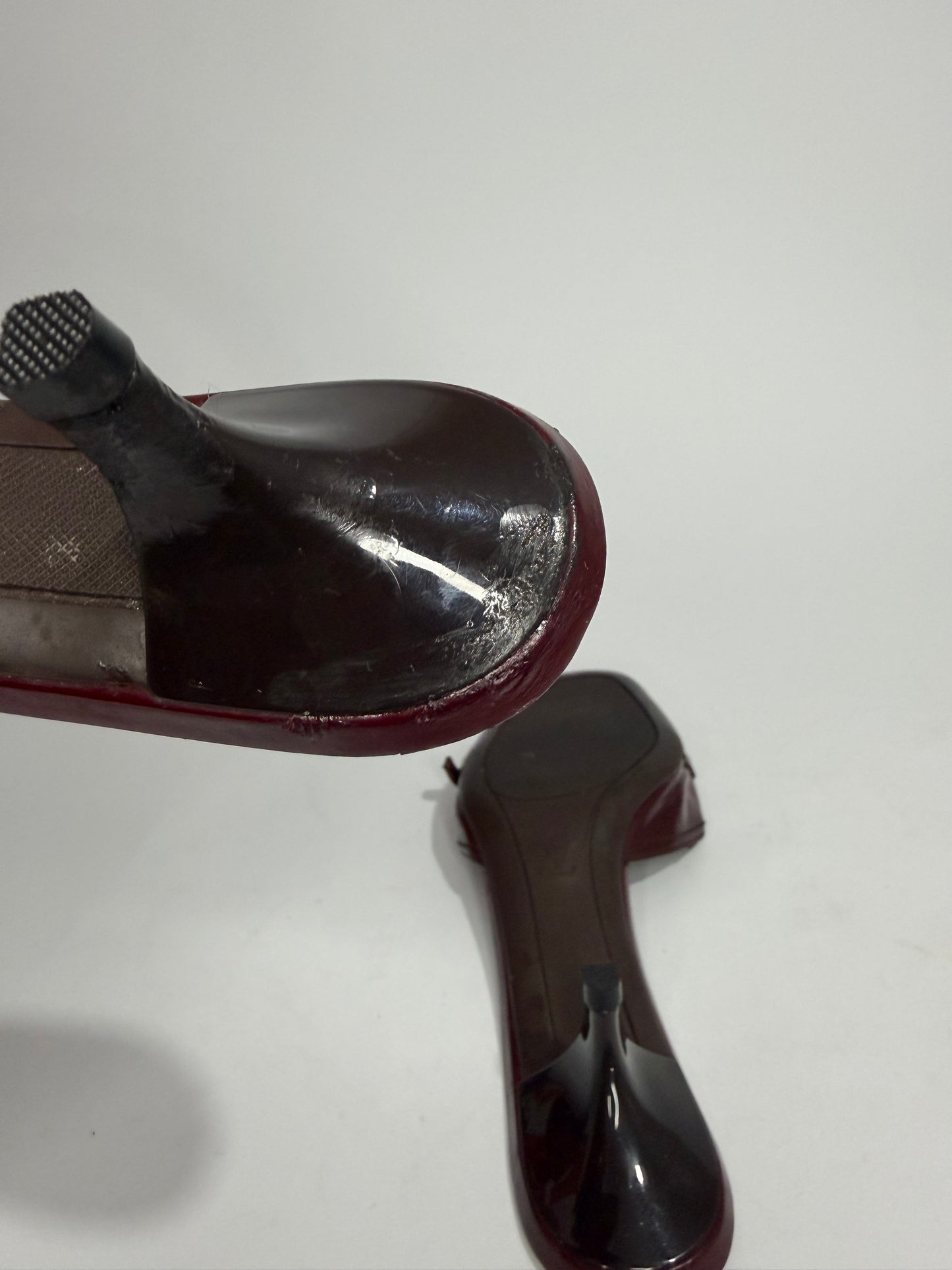 Louis Vuitton Patent Leather Fringe Mule Heels – Burgundy / Bordeaux with Gold LV Hardware
