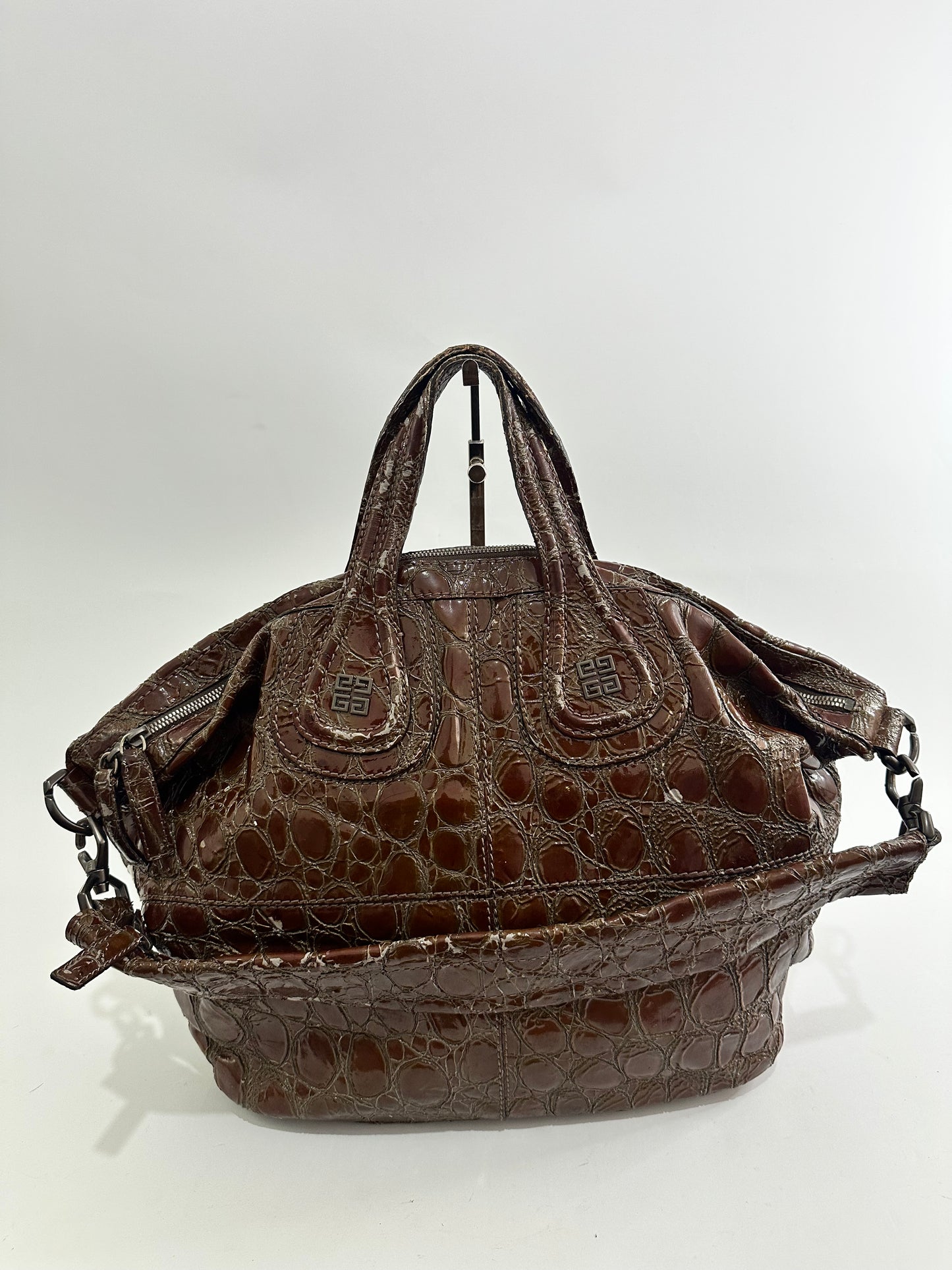 GIVENCHY
Brown Croc-Embossed Patent Leather Medium Nightingale Bag