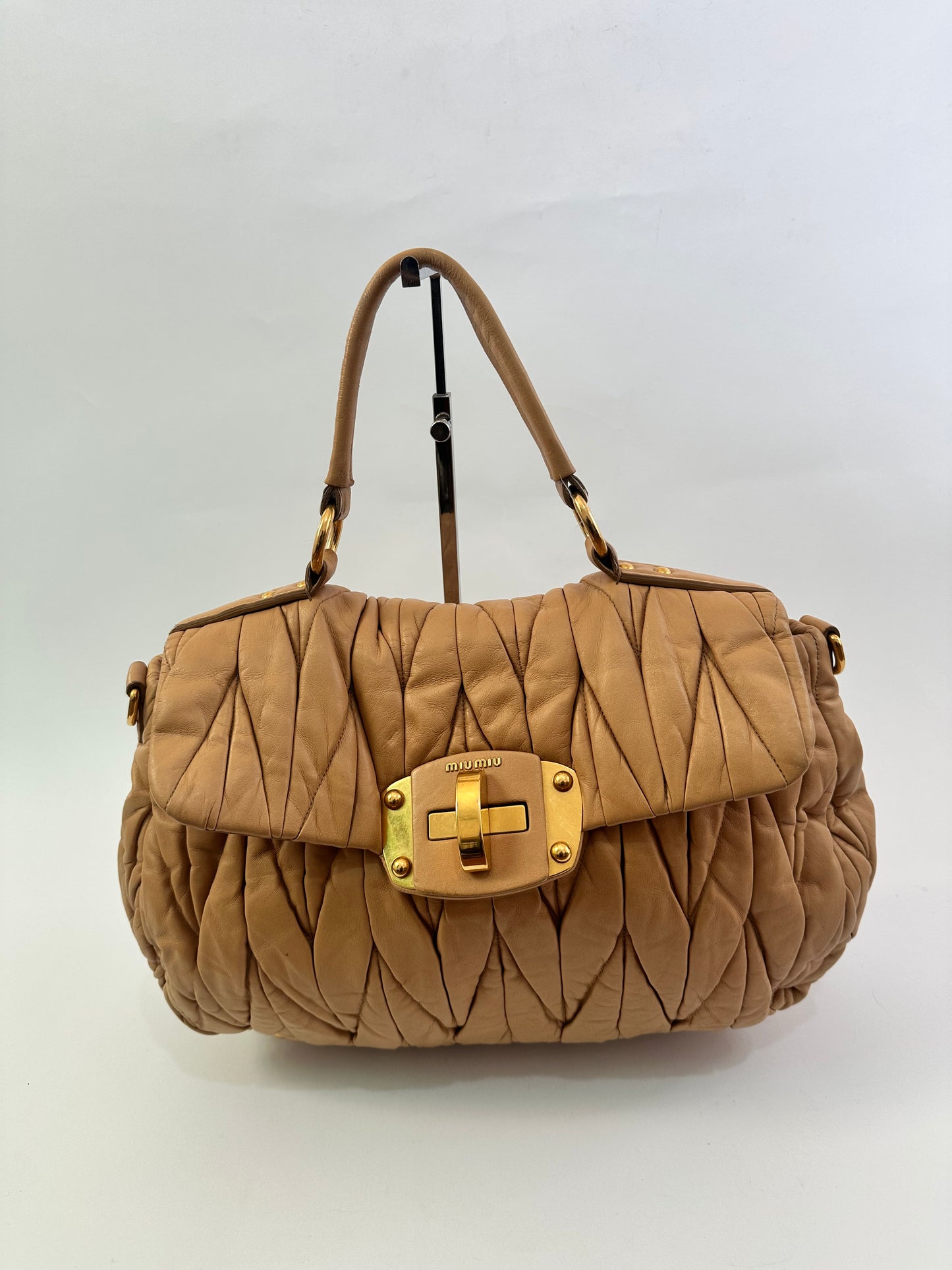 Miu Miu Beige Matelasse Leather Turnlock Top Handle Bag