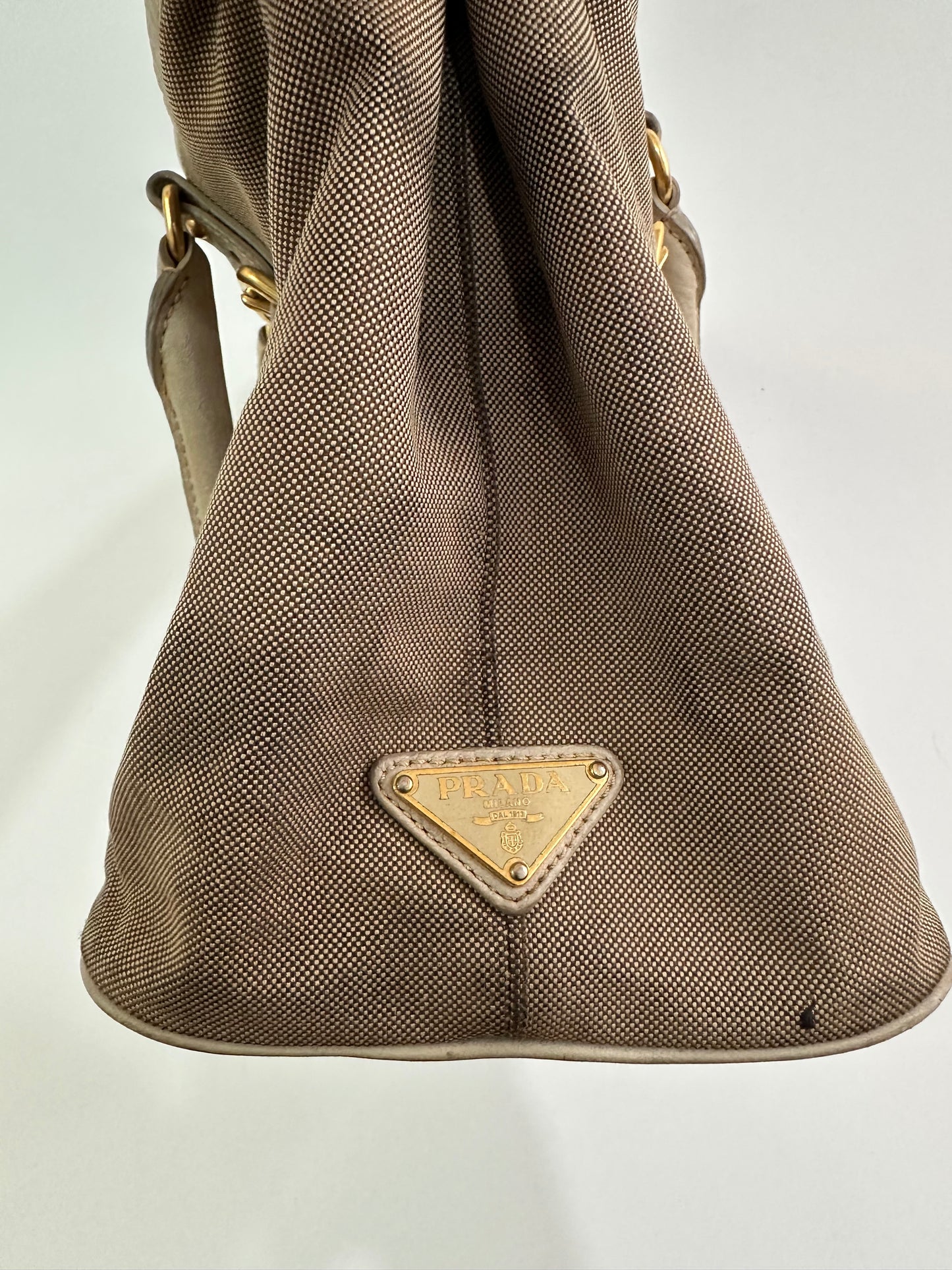 PRADA Beige Jacquard Logo Canvas and Leather Bow Shoulder Bag