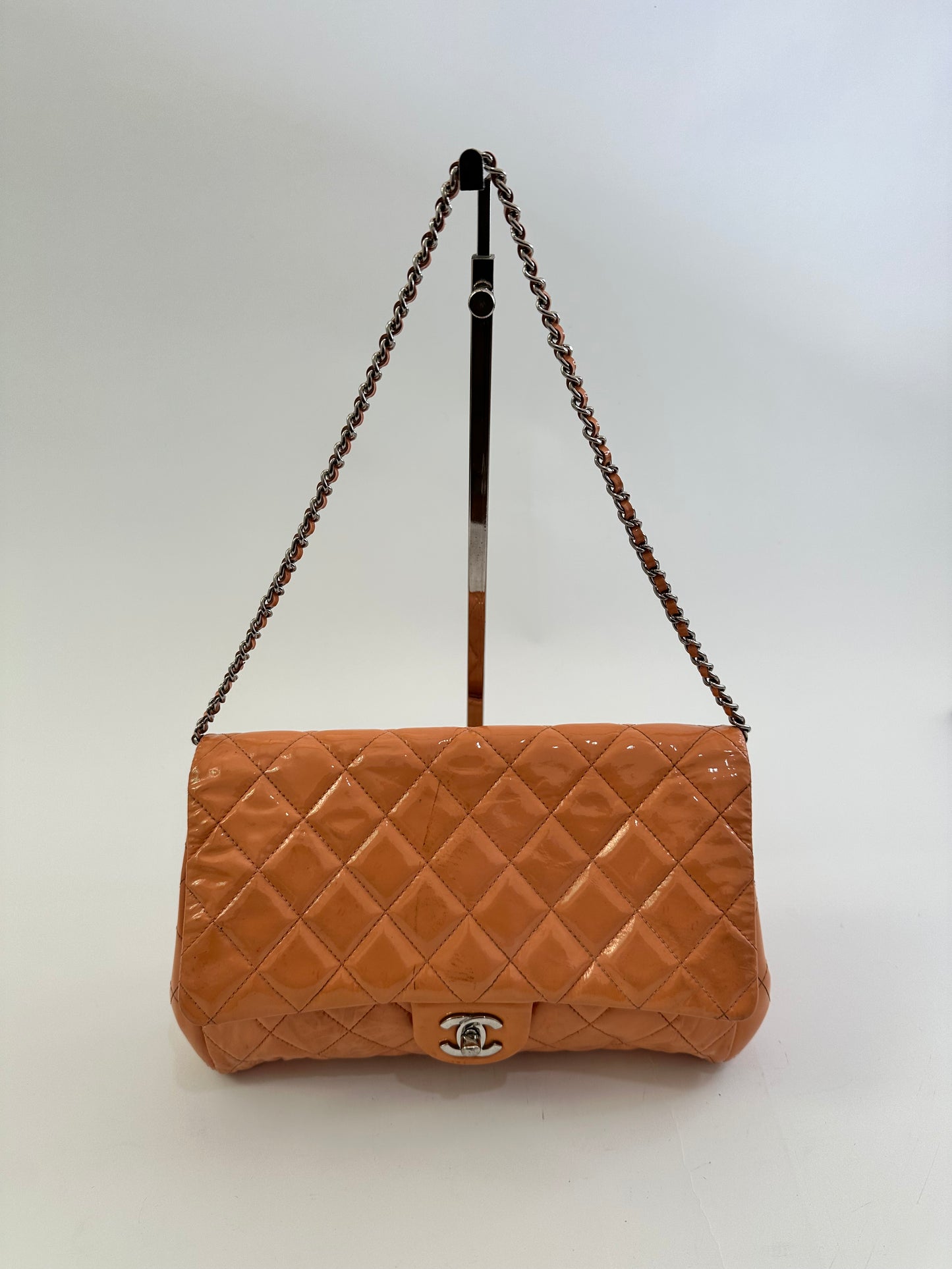Chanel Beige Quilted Patent Leather Classic Flap Shoulder Bag