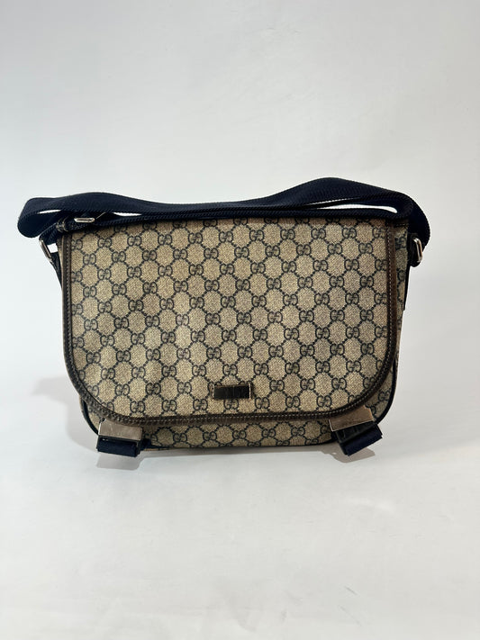 GUCCI GG Plus Monogram Medium Double Buckle Flap Messenger Bag Beige Navy