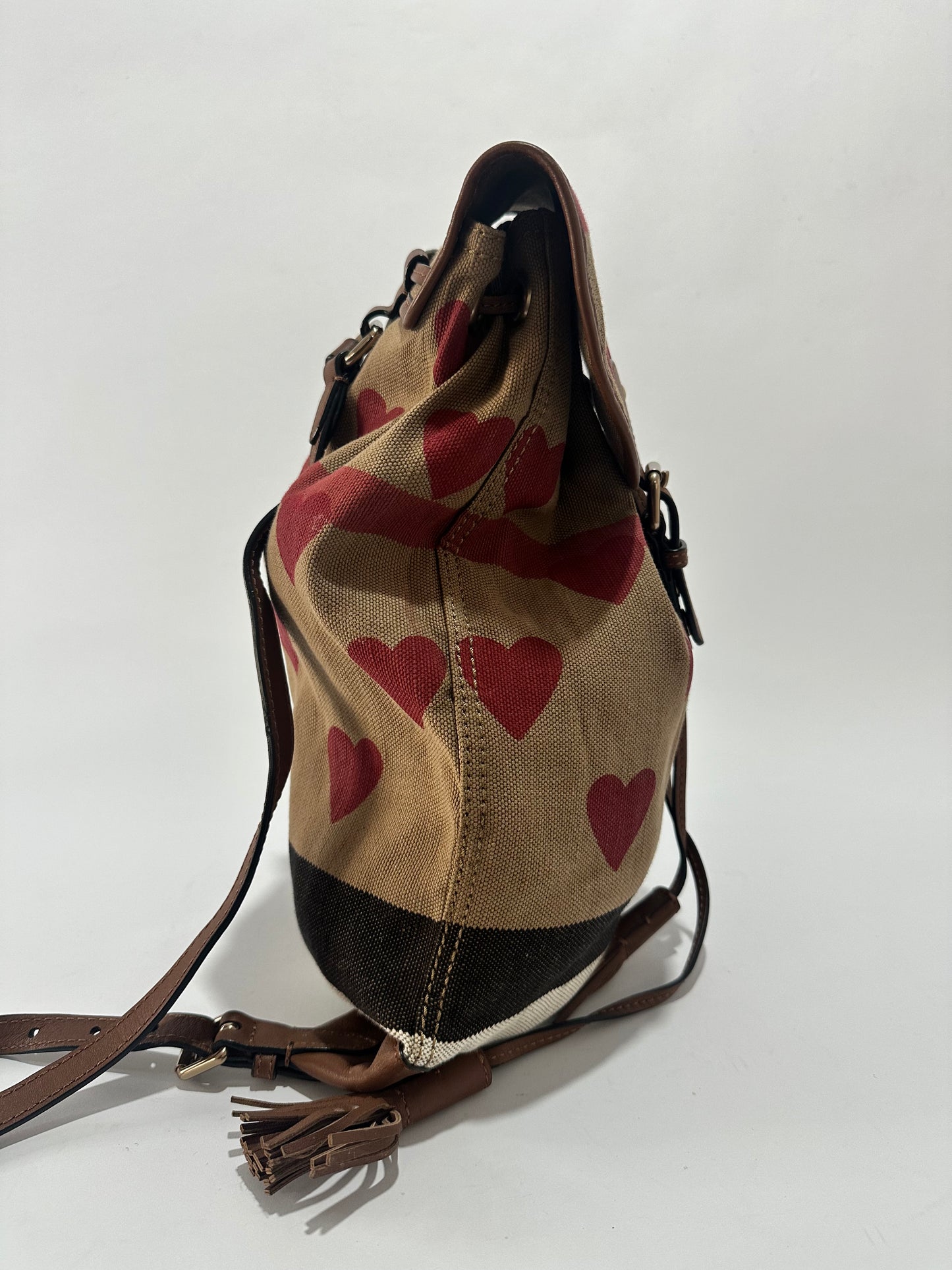 Burberry Red/Beige Heart Check Canvas and Leather Drawstring Backpack