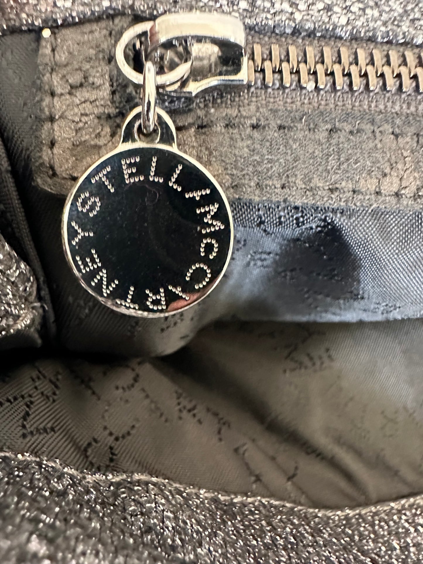 STELLA MCCARTNEY Womens’ Metallic Gray Faux Leather Large Falabella Shoulder Bag