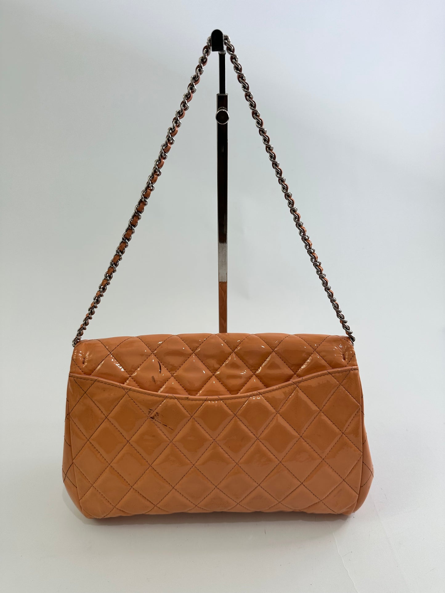 Chanel Beige Quilted Patent Leather Classic Flap Shoulder Bag
