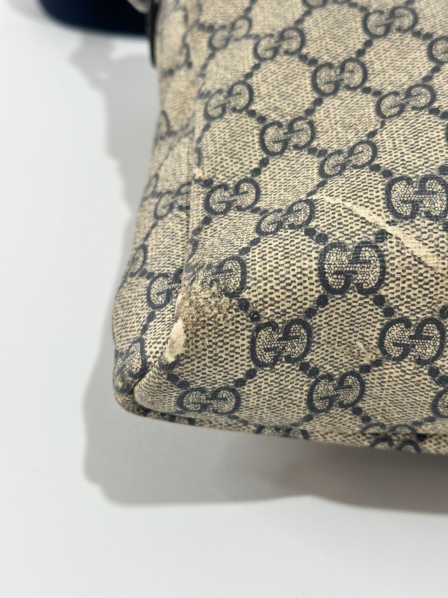 GUCCI
GG Plus Monogram Sellieria Calfskin Small Flap Messenger Bag Beige Blue