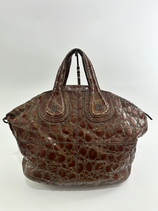 GIVENCHY
Brown Croc-Embossed Patent Leather Medium Nightingale Bag