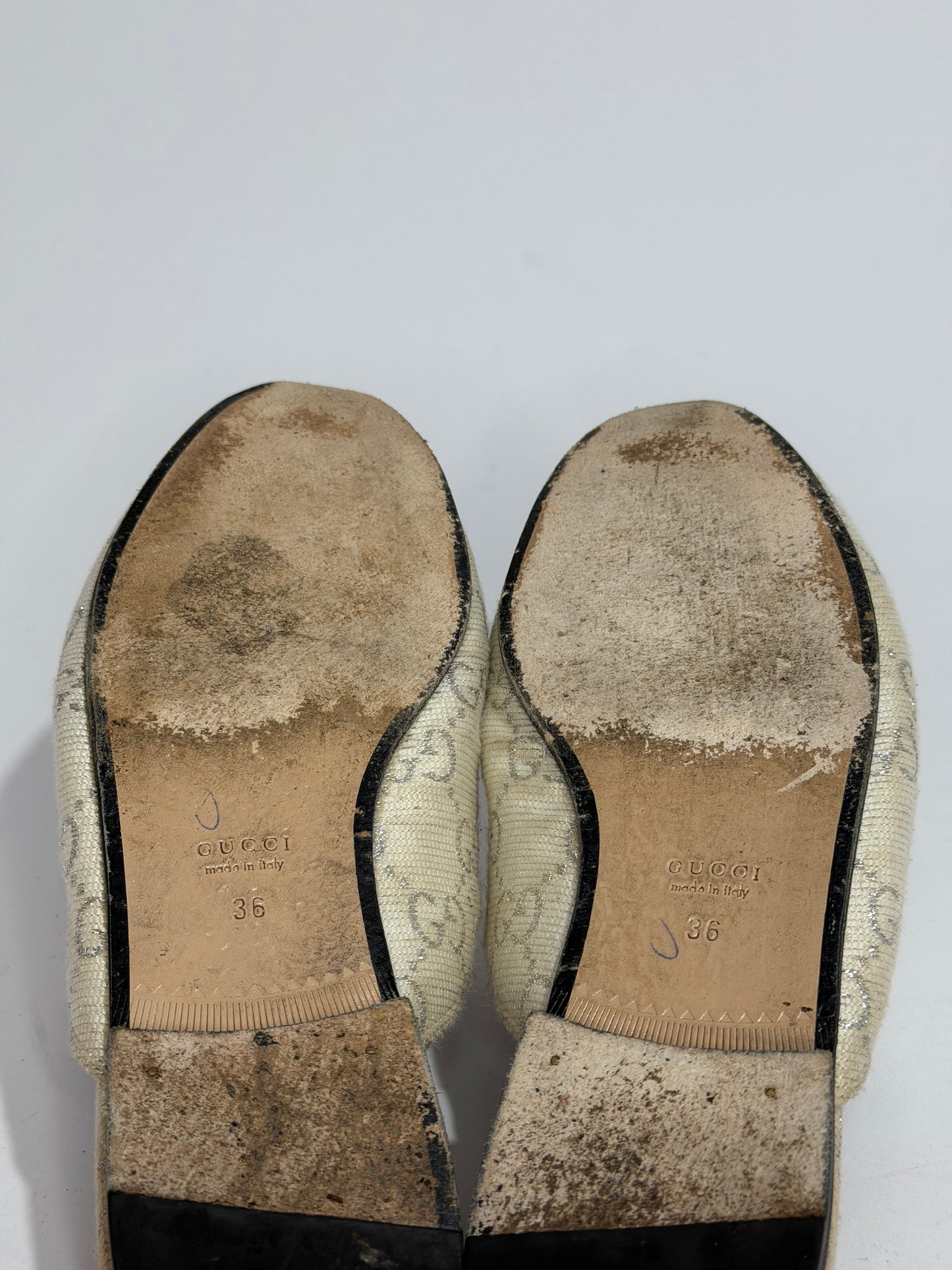 Gucci Grey/Silver Canvas Princetown Mules Size 36 EU/6 US / 3 UK