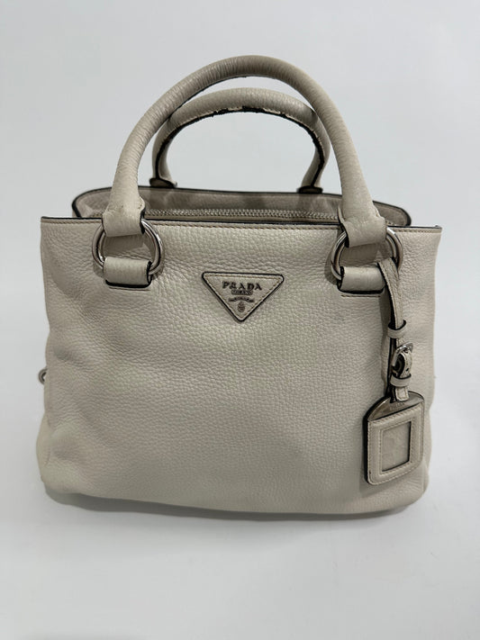 PRADA Womens Vitello Daino Large Double Zip Tote in Talco.