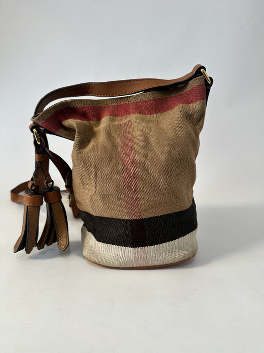 BURBERRY Canvas Mega Check Mini Ashby Tassel Crossbody Brown