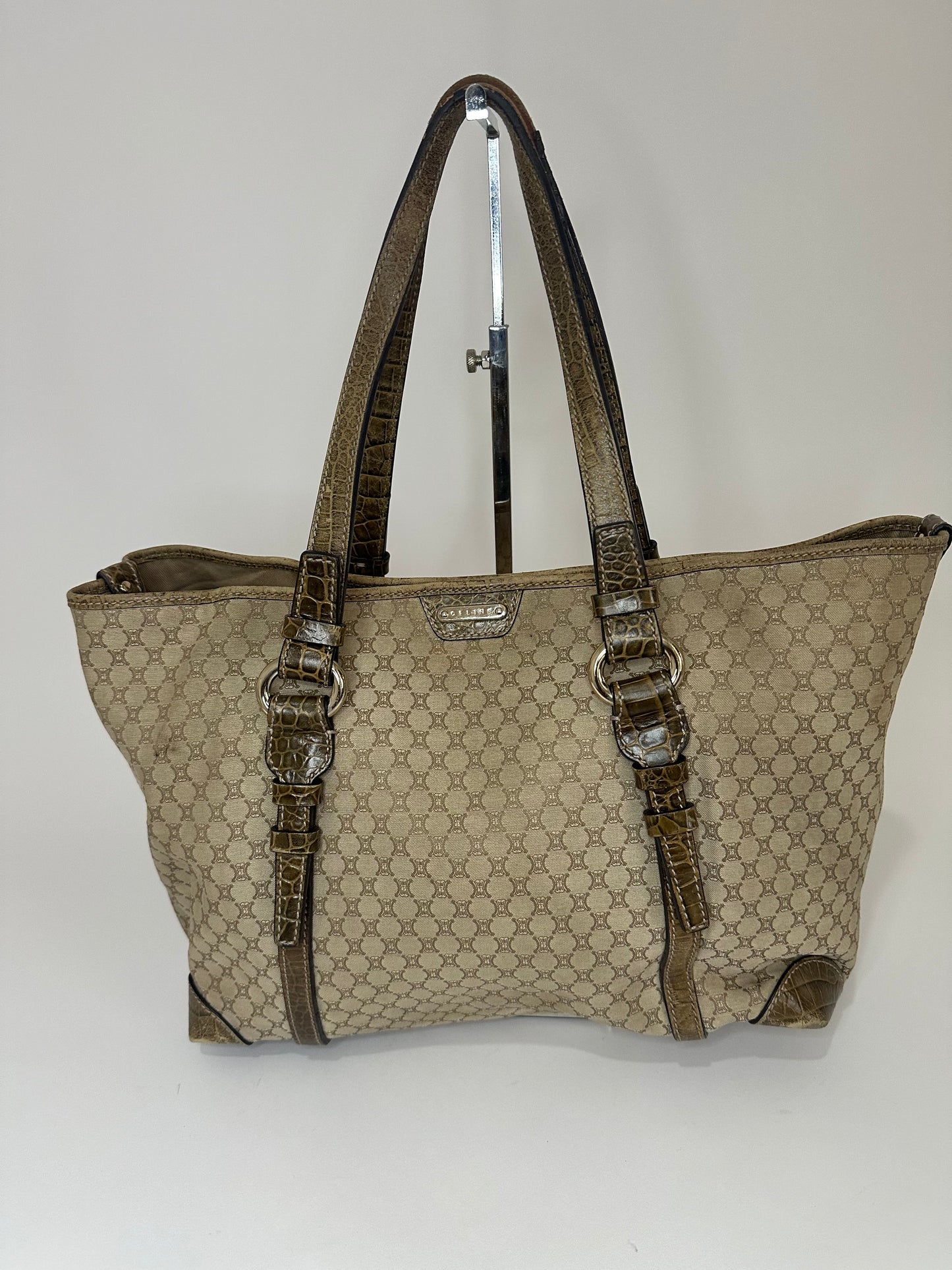 CELINE Beige/Brown Macadam Canvas And Croc Embossed Tote