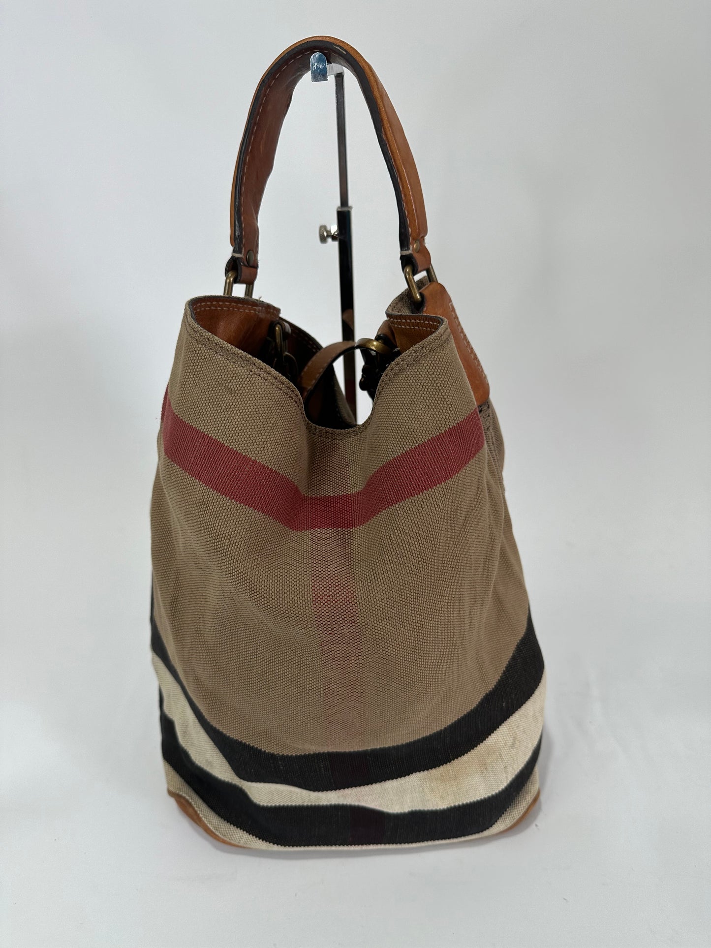BURBERRY Canvas Mega Check Medium Ashby Hobo Saddle