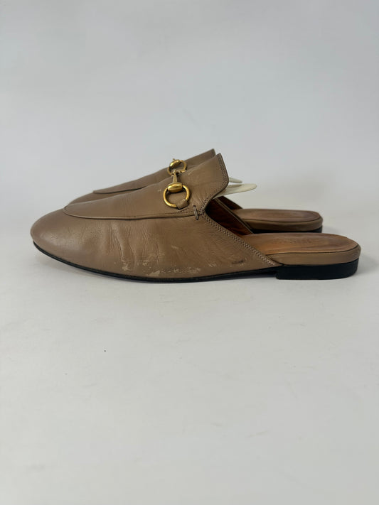 Gucci Beige Leather Princetown Mules Size 38 EU/ 8 US/ 5 UK