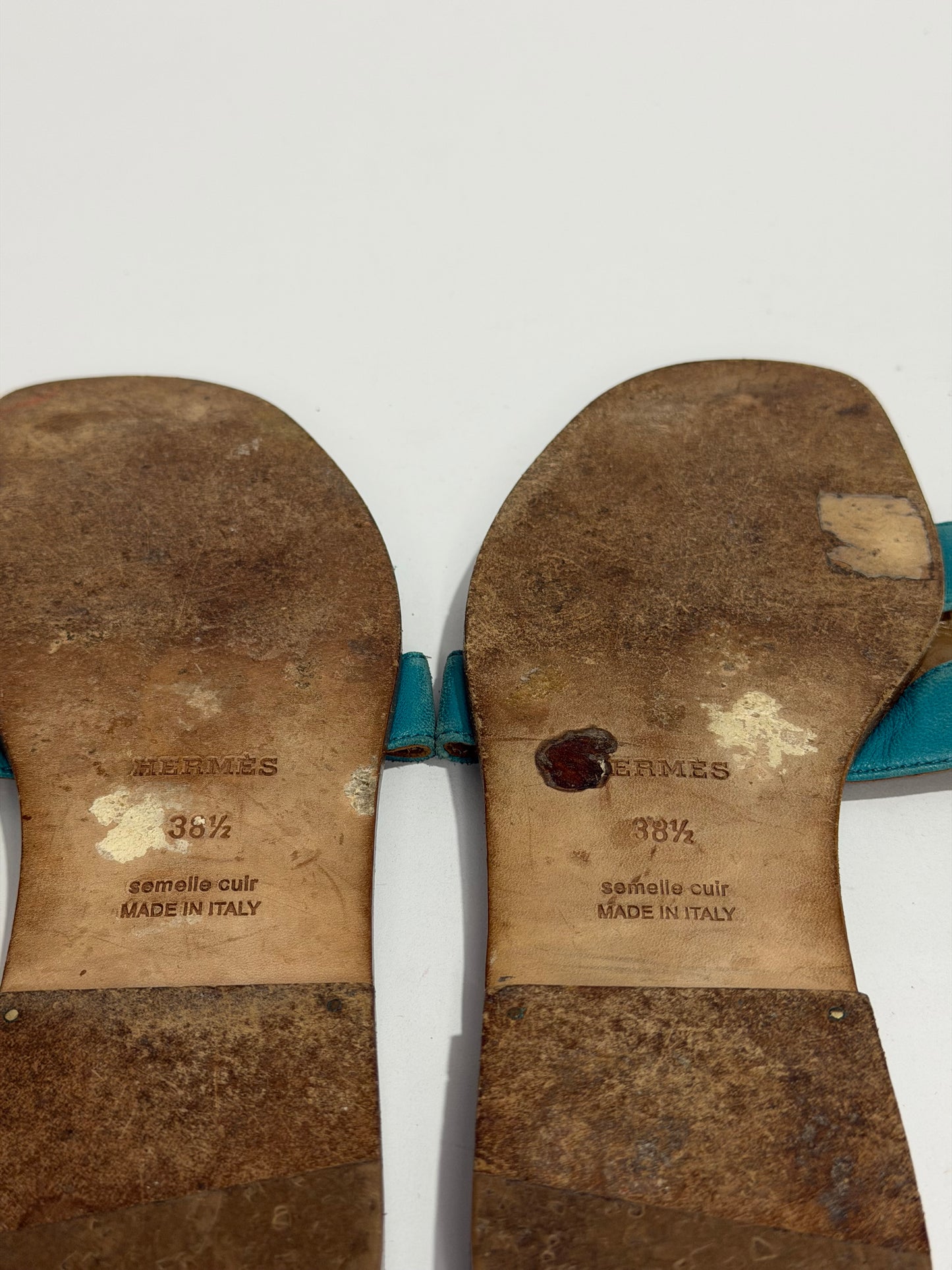 Hermès Oran H Cutout Slide Sandals Turquoise & Brown Leather Size 38.5 EU