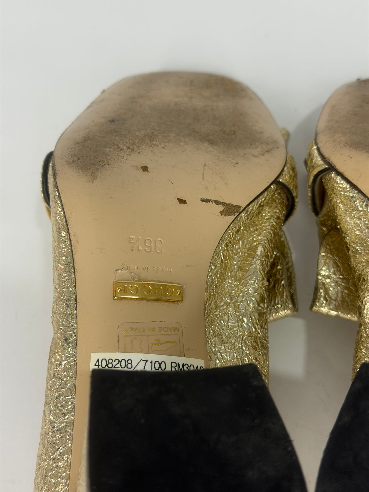 Gucci Metallic Gold Crinkled Leather GG Marmont Fringe Detail Pumps Size 36.5 EU/ 6.5US/ 3.5 UK
