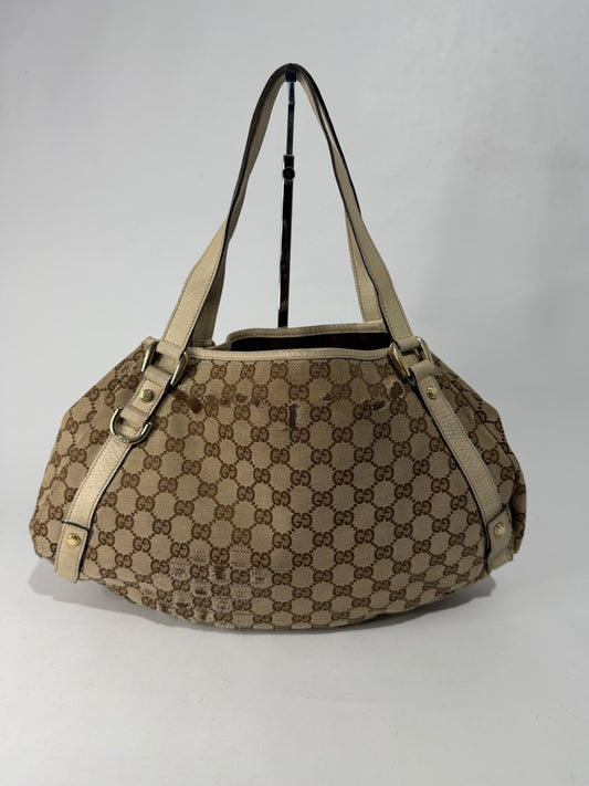 Gucci Beige/White Blue GG Canvas and Leather Abbey Tote