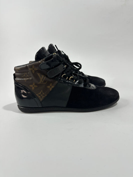 Louis Vuitton Black/Brown Suede Patent Leather Monogram Move Up Sneakers Size 38