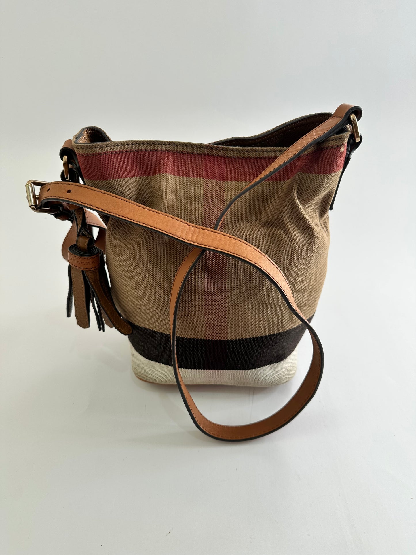BURBERRY Canvas Mega Check Mini Ashby Tassel Crossbody Brown