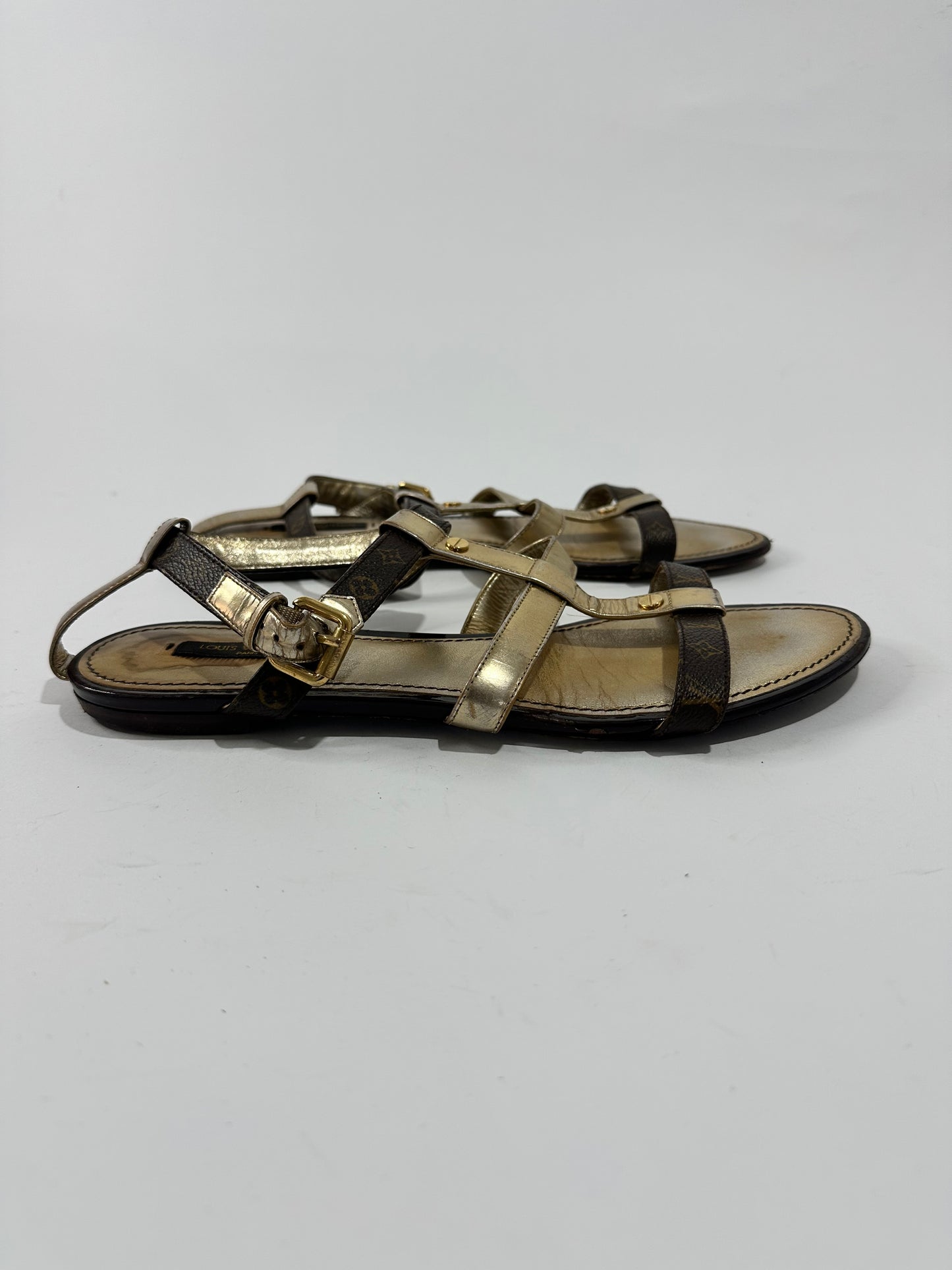 Louis Vuitton Monogram Canvas and Gold Leather Be Happy Flat Sandals Size 40.5