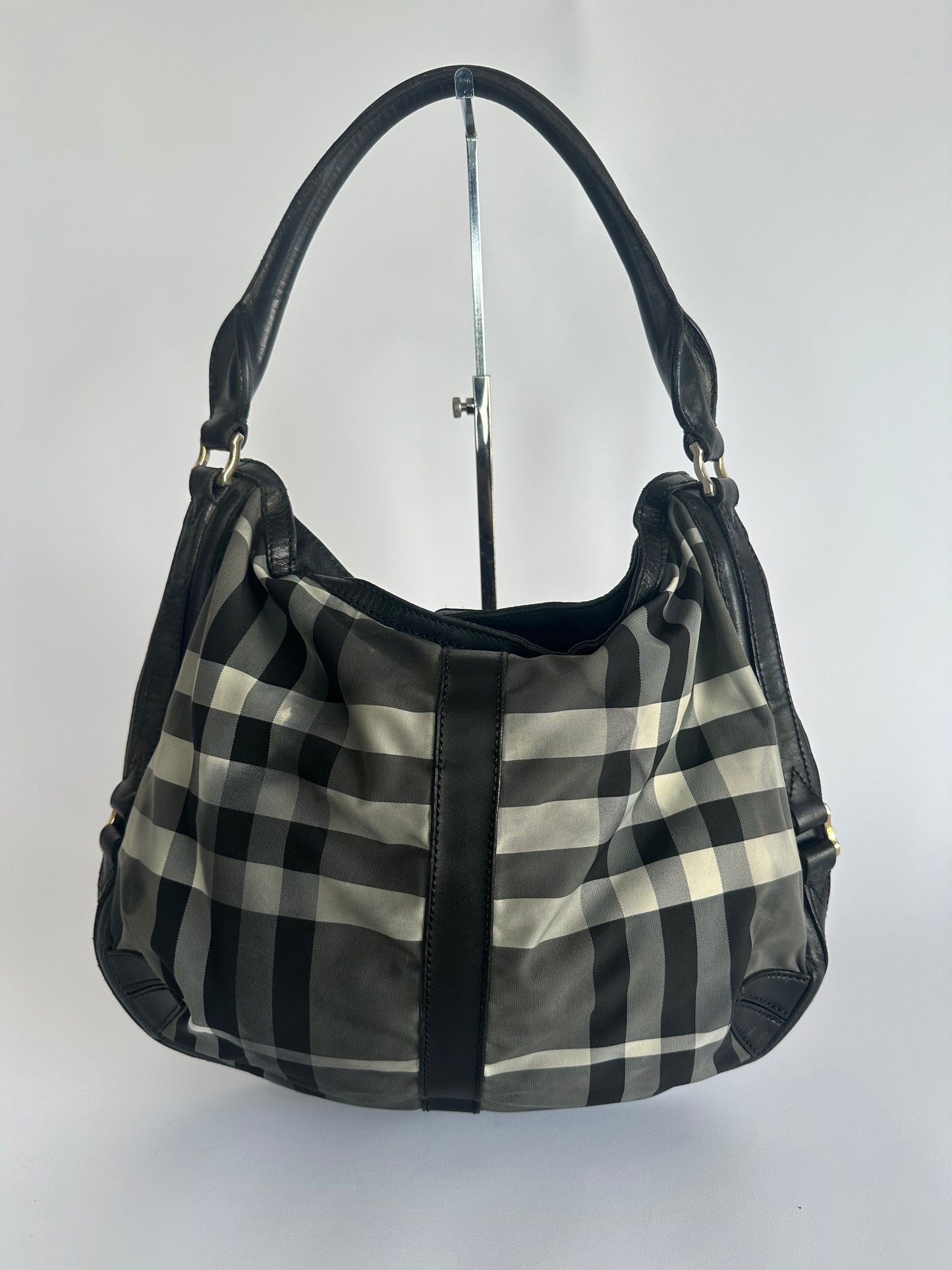Burberry Black Beat Check Nylon and Leather Hobo