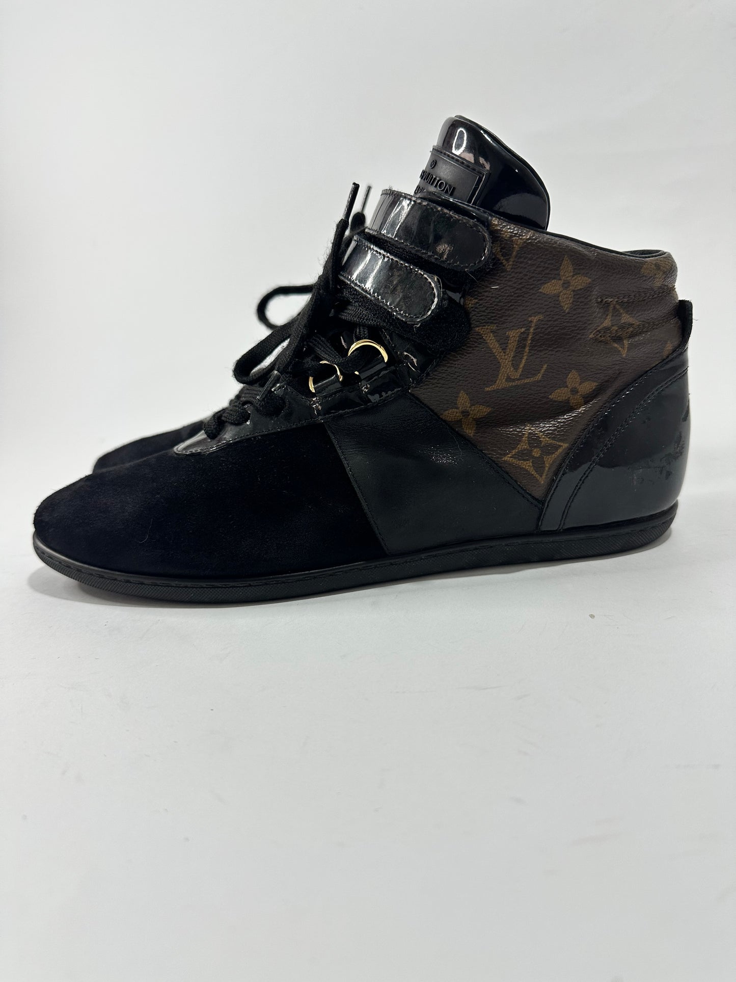 Louis Vuitton Black/Brown Suede Patent Leather Monogram Move Up Sneakers Size 38