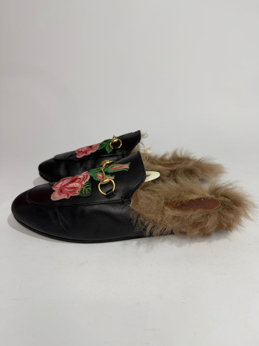 Gucci Black Floral Embroidered Leather and Fur Lined Princetown Mules Size 40 EU