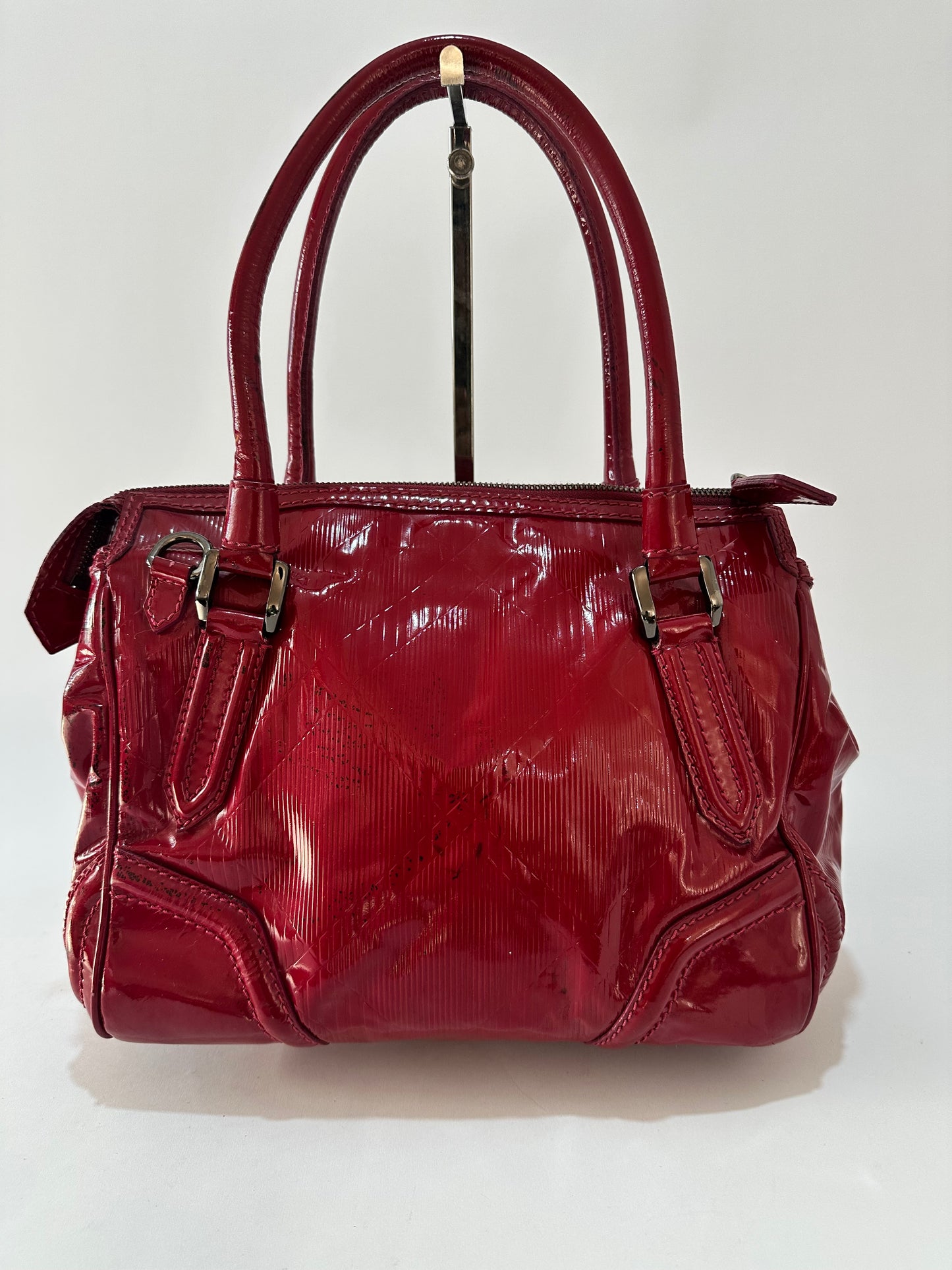 Burberry Fuchsia Check Embossed Patent Leather Satchel