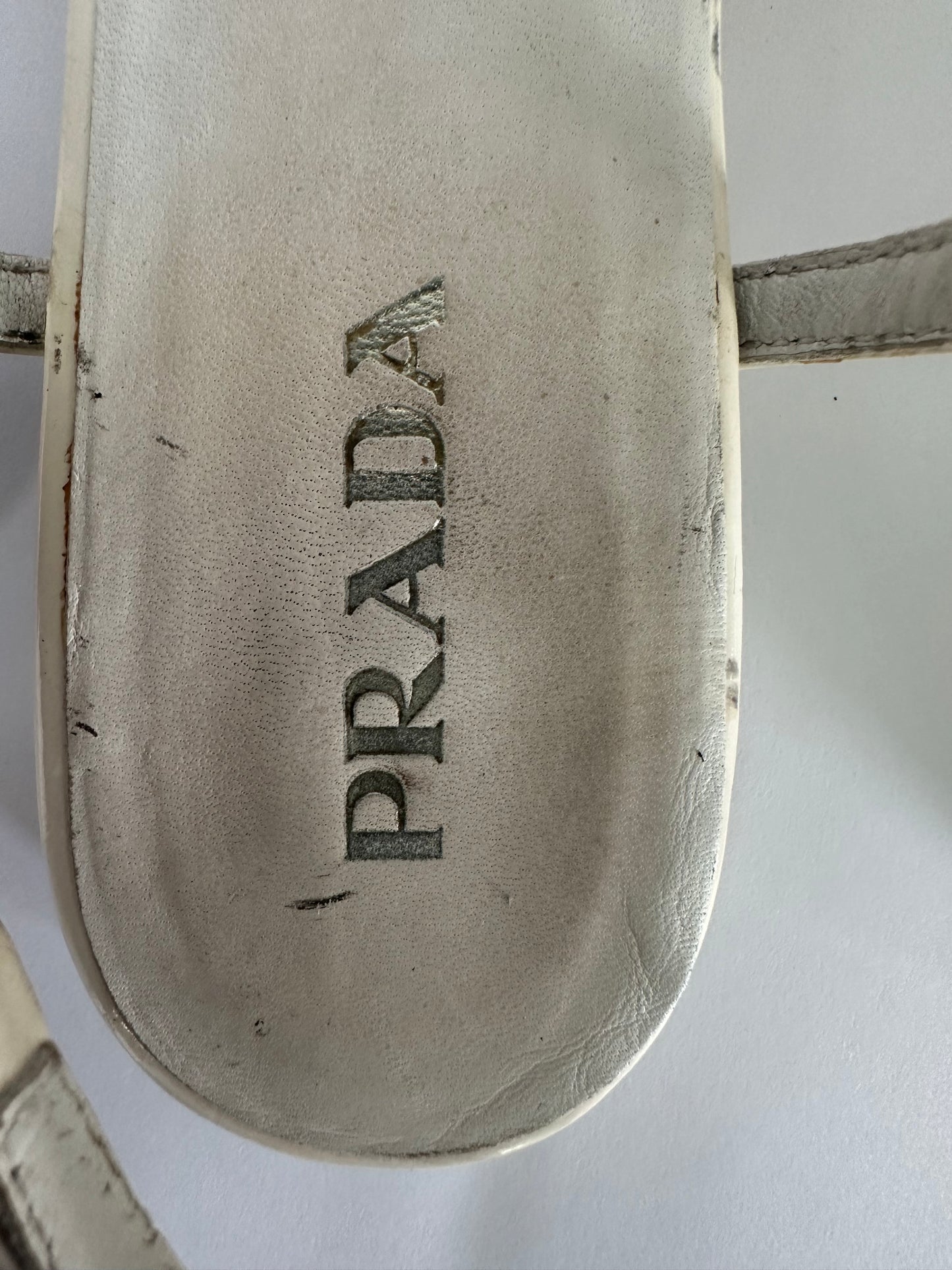 Prada Tassel Ankle T Strap Sandals White Patent Leather Thong Shoes Size 37. 5 IT