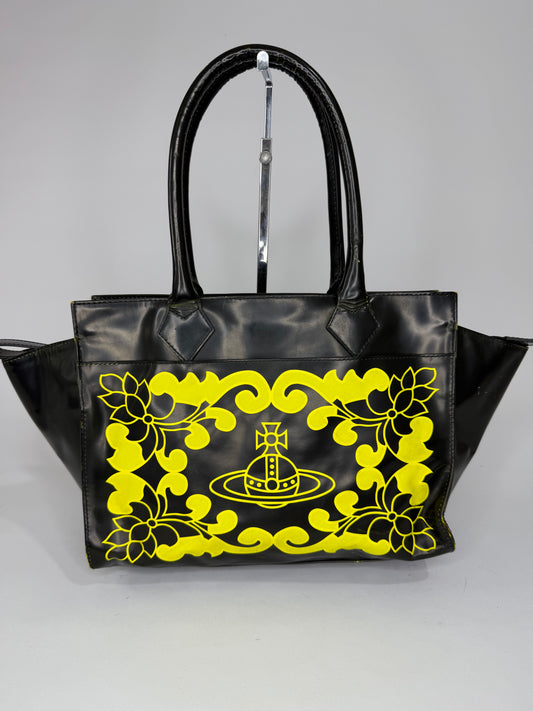 Vivienne Westwood Black Leather Floral Orb Tote Bag – Yellow Baroque Print