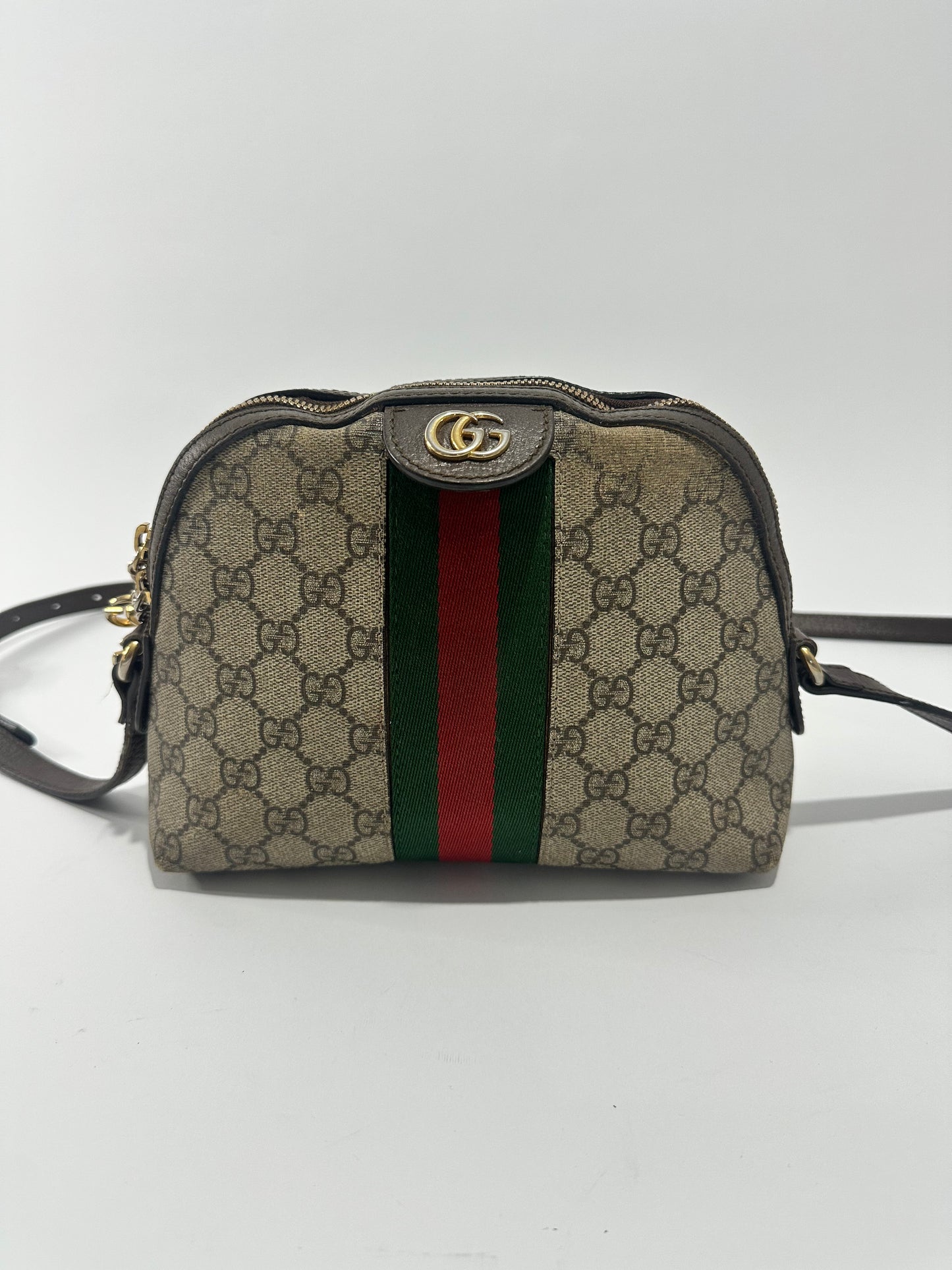 GUCCI
GG Supreme Monogram Textured Dollar Calfskin Web Small Ophidia Dome Shoulder Bag Beige Ebony
