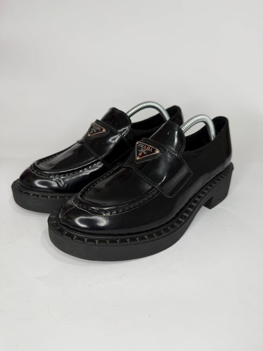 PRADA Vernice Metal Triangle Logo 50mm Loafers Size 37 EU/7 US/ 4 UK