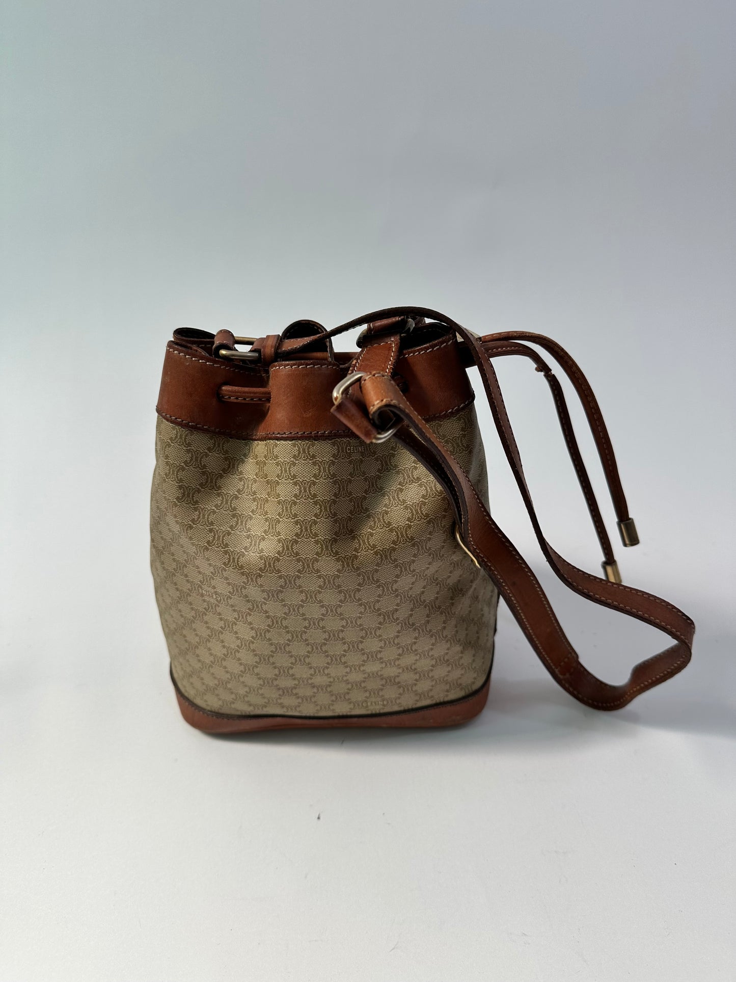 Celine Beige/Cognac Macadam Coated Canvas and Leather Drawstring Bucket Bag