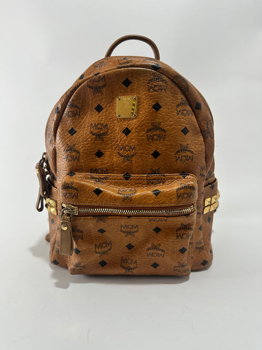 MCM Cognac Visetos Coated Canvas Small Studs Stark Backpack