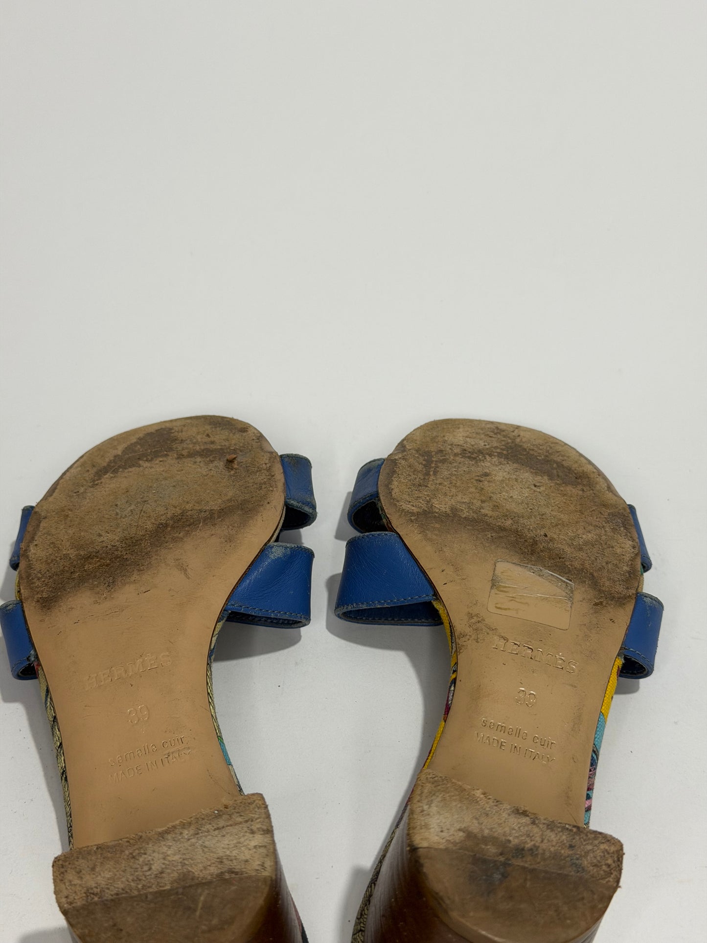 Hermès Oran H Cut-Out Heeled Sandals Blue Leather / Printed Canvas Size 39 EU/ 9 US/ 6 Uk