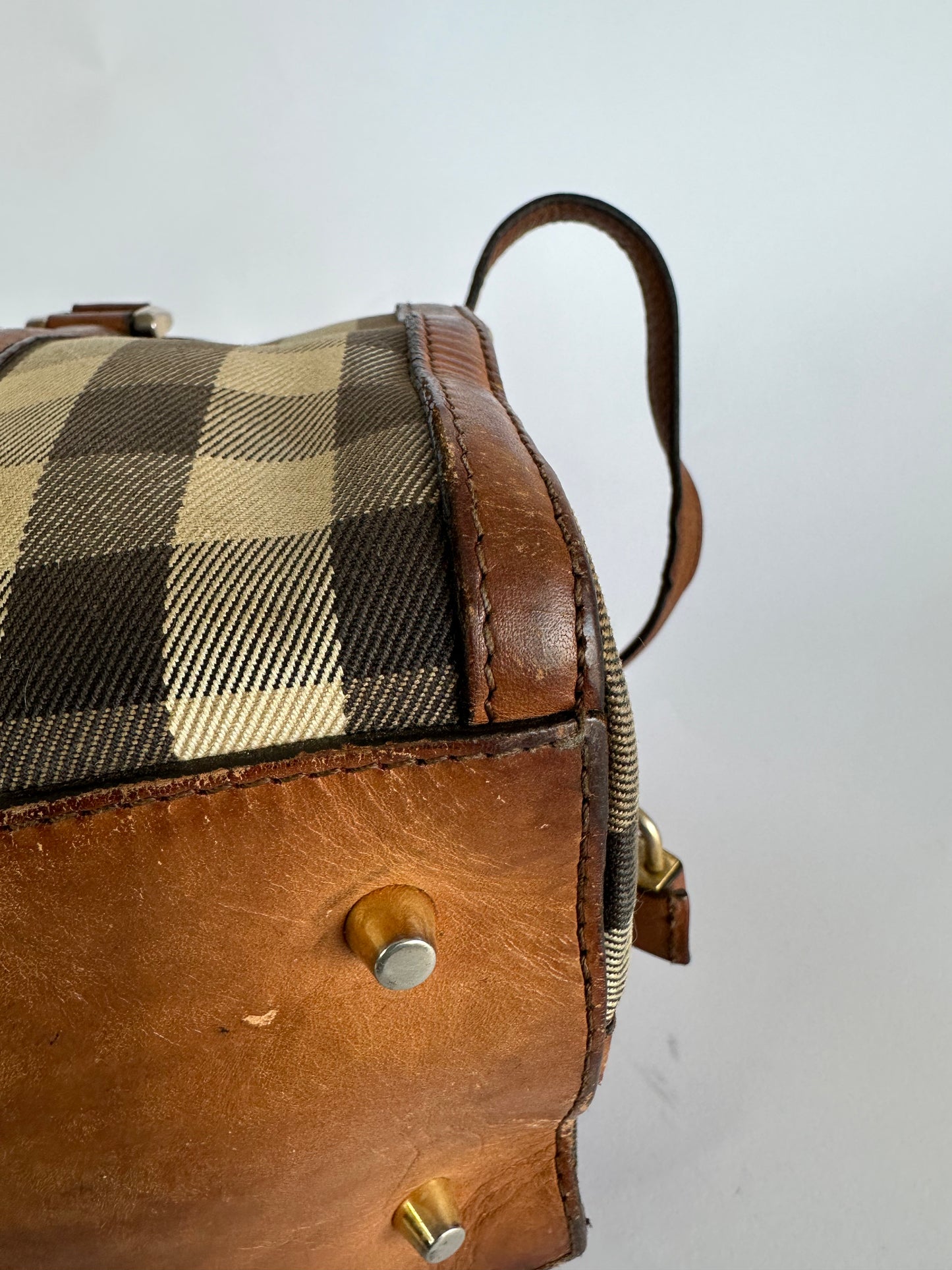 BURBERRY Brown Check Canvas Mixed Media Medium Alchester Bowler Bag