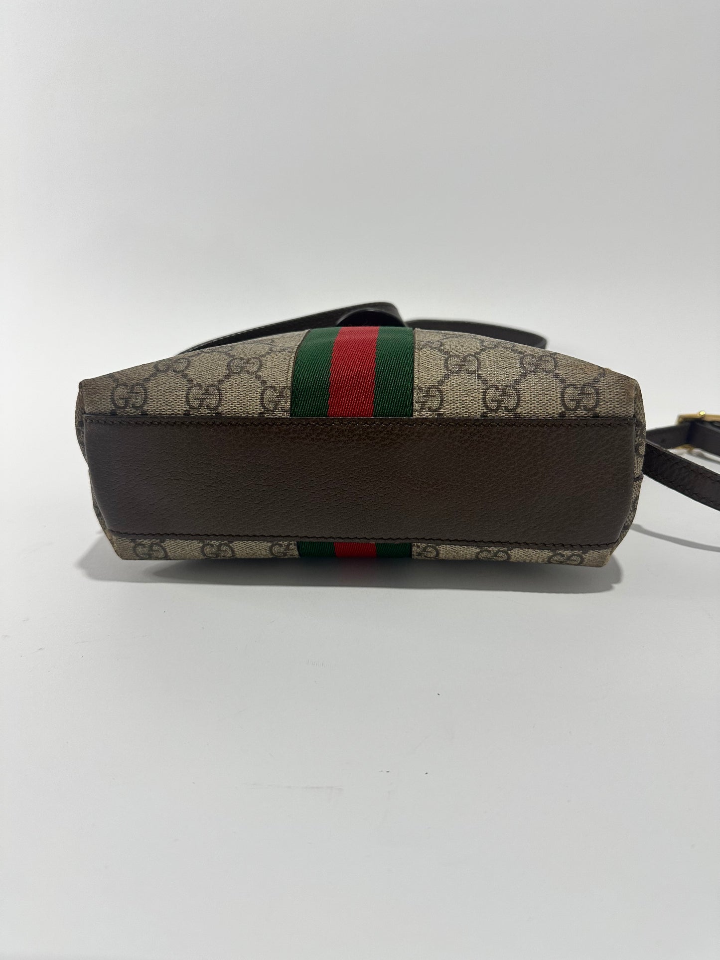 GUCCI
GG Supreme Monogram Textured Dollar Calfskin Web Small Ophidia Dome Shoulder Bag Beige Ebony