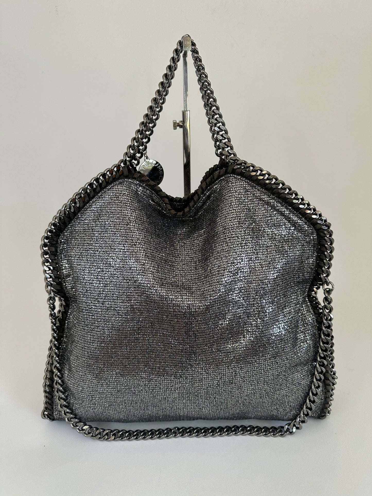 STELLA MCCARTNEY Womens’ Metallic Gray Faux Leather Large Falabella Shoulder Bag