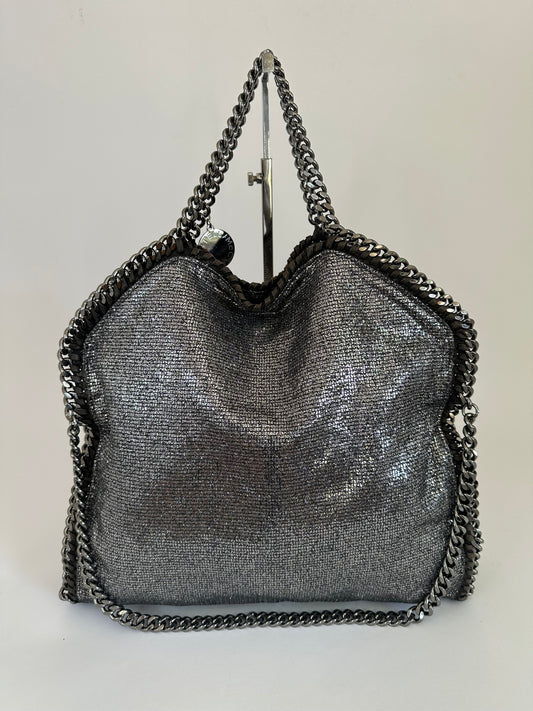 STELLA MCCARTNEY Womens’ Metallic Gray Faux Leather Large Falabella Shoulder Bag